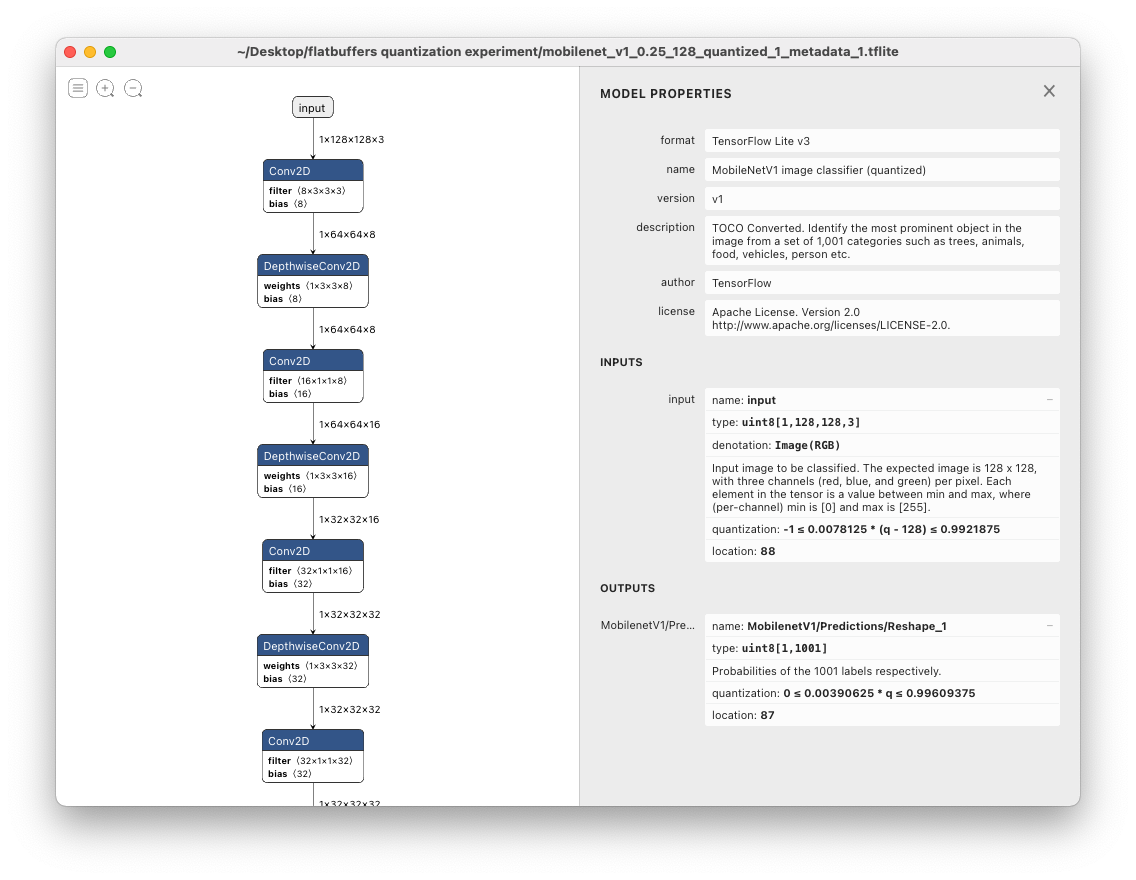 Screenshot of netron app, which the quantization field on the right side bar